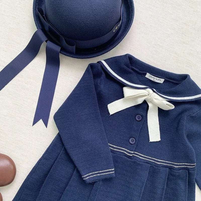 סתיו חורף תינוקת סרוגה שמלה סרוגה יפנית צווארון חיל הים בסגנון שמלות קפלים שמלות לילדים לבנות לבנות לבנות