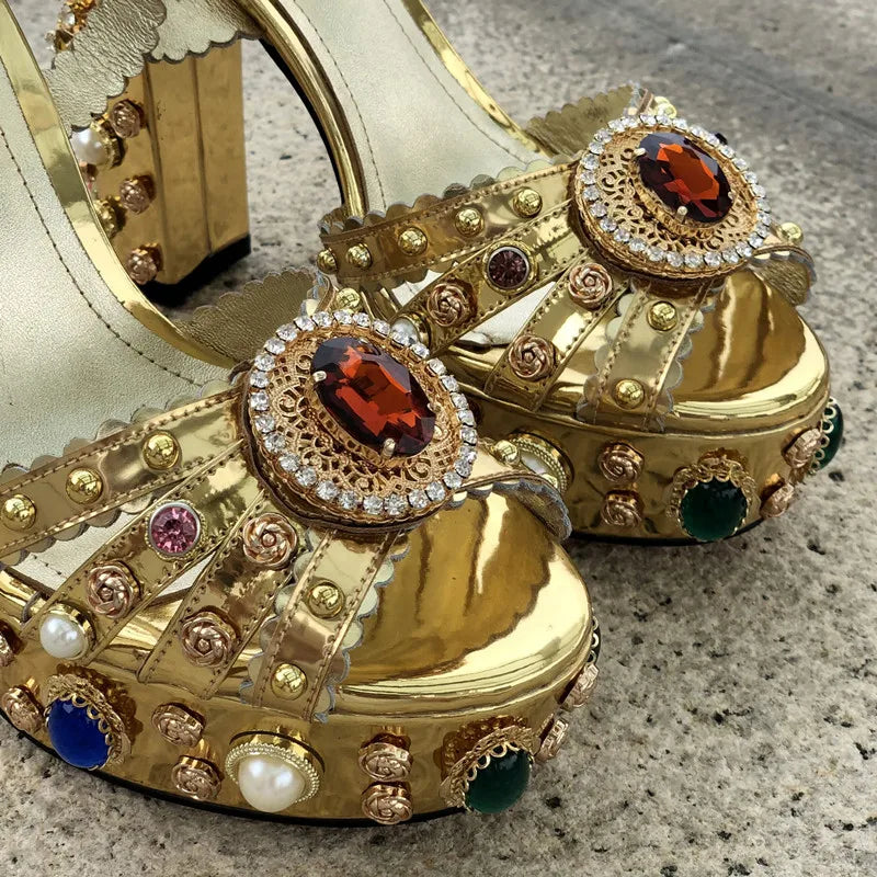 Women Chunky High Heels Shoes Platform Sandals For Women Rhinestone Metallic Gold Leather Shoes Woman Peep Toe Wedding Shoes