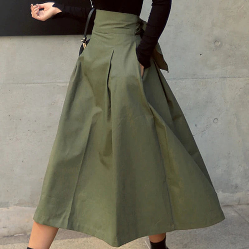 Skirts Womens Korean Fashion Solid Color Big Swing Women Skirt Long Skirt Autumn Wild High Waist Bow Slim Skirts