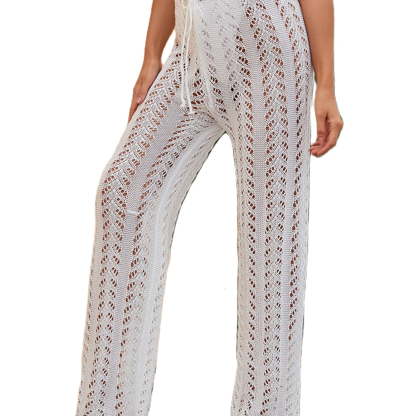 Women Beach Bikini Swim Pants Sexy Bikini Cover Up Sunscreen Nets pant Mesh Tunic Pareo Beachwear Crochet Slim Bikini Top WHITE