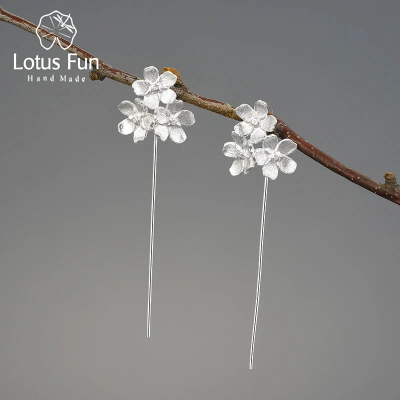 Lotus Fun Long Hanging Elegant Forget-me-not Flower Dangle Earrings For Women Real 925 Sterling Silver Original Fine Jewelry Silver