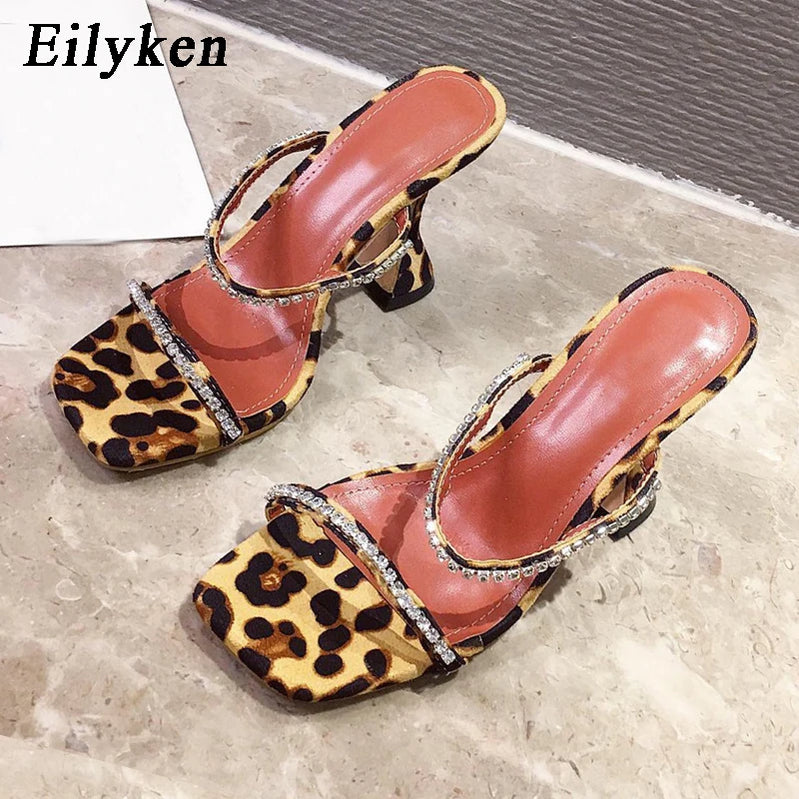 Fashion Rhinestone Chain Women Slippers Sandals Strange Cup Heels Sexy Leopard Print Square Toe Ladies Dress Shoes
