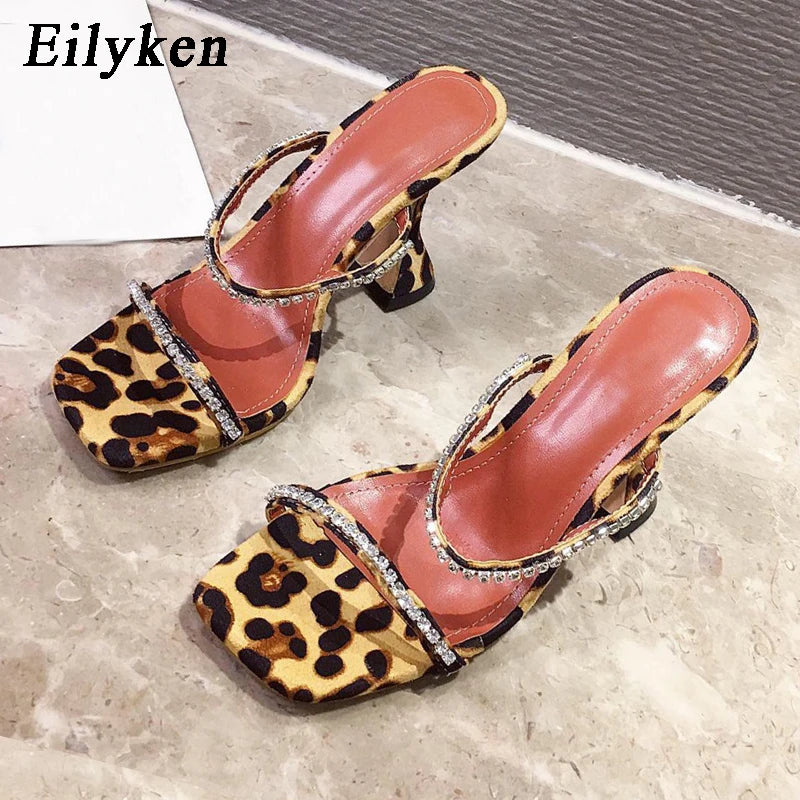 Fashion Rhinestone Chain Women Slippers Sandals Strange Cup Heels Sexy Leopard Print Square Toe Ladies Dress Shoes