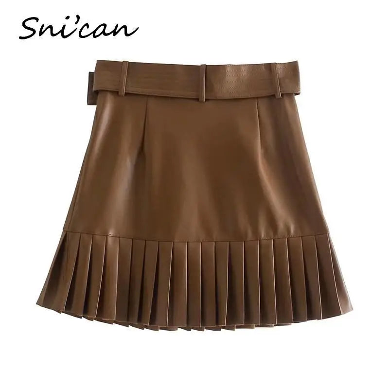 Bown Pu Leather Skirt With Belt Fashion Autumn Sprint Cascading Pleated High Waist Jupe Cuir Femme Women Falda Plisada