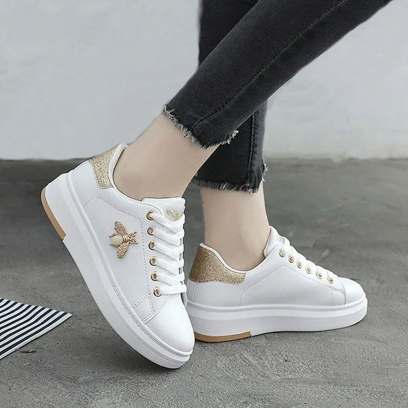 Women Casual Shoes Sneakers Fashion Breathable PU Leather Platform White Women Shoes Soft Footwears Rhinestone Gold