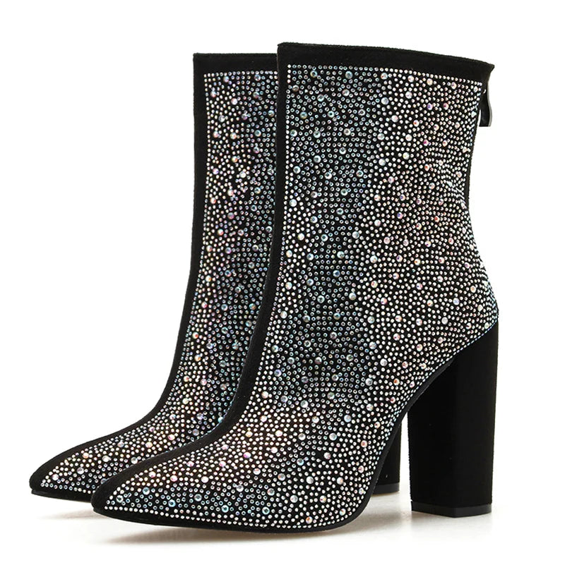 Women Crystal Ankle Boots Sexy 11cm High Heels Diamond Lady Chunky Boots Short Fall Fetish Stripper Booties Colorful Shoes