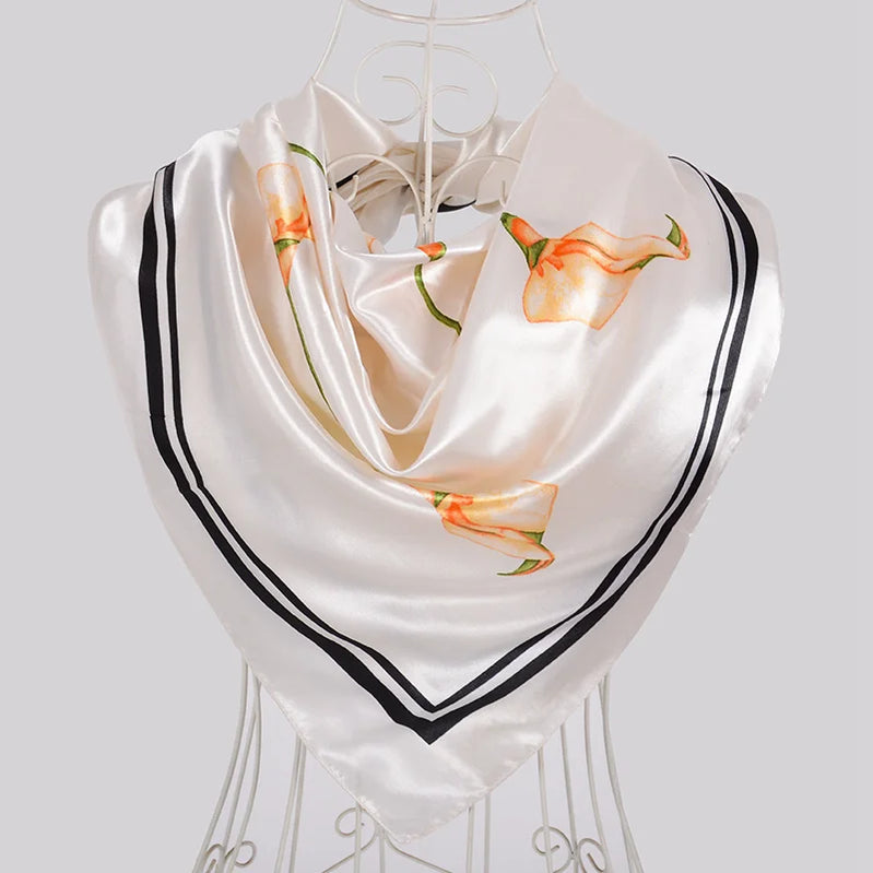 Ladies Green Coffee Square Scarves Printed Women Elegant Satin Large Silk Scarf Shawl 90*90cm Winter Neck Head Scarf beige