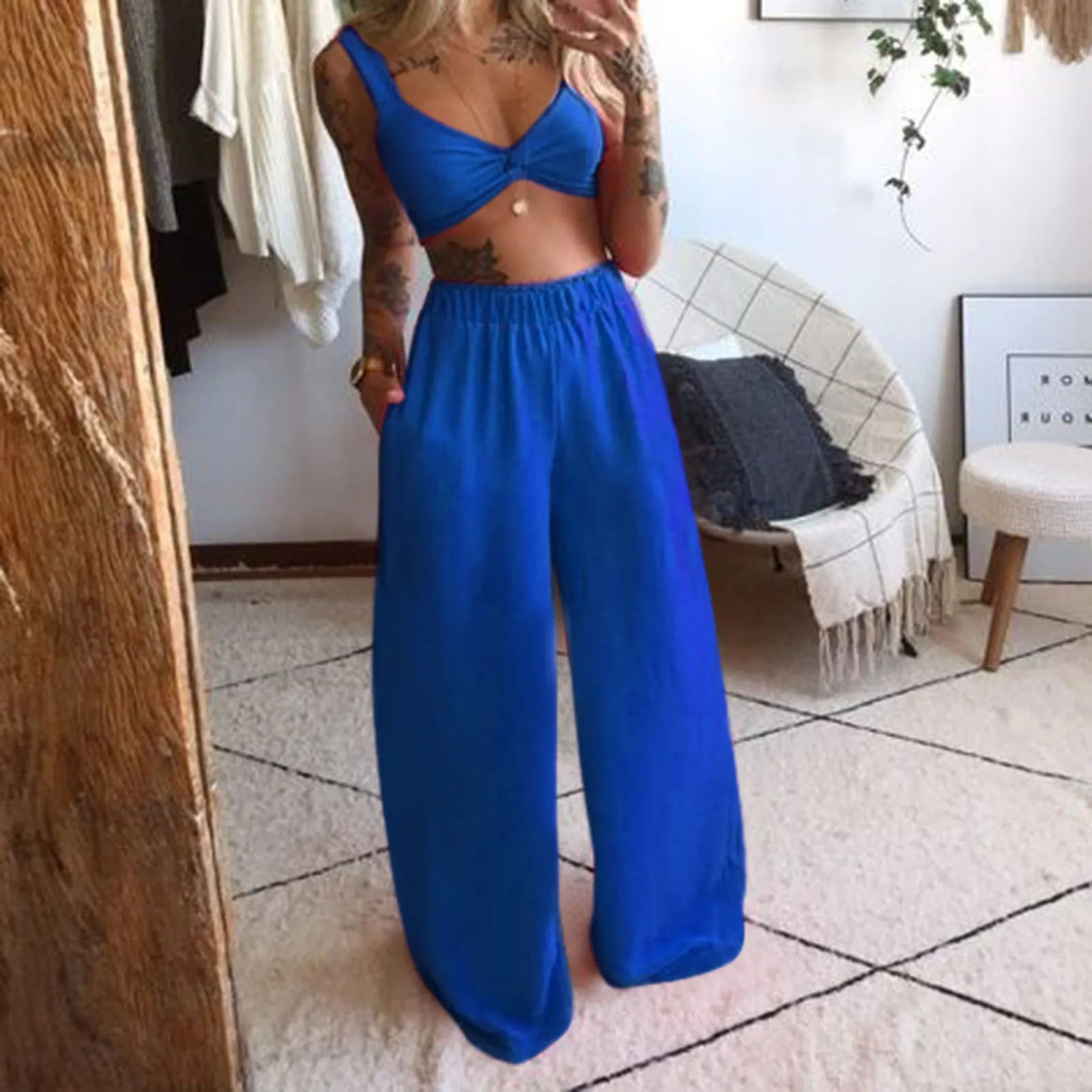 2 Piece Set Summer Women Boho Beach Outfits Solid Sleeveless Crop Camis +wide Leg Long Pants Two Piece Suit Women Outfits Female Blue