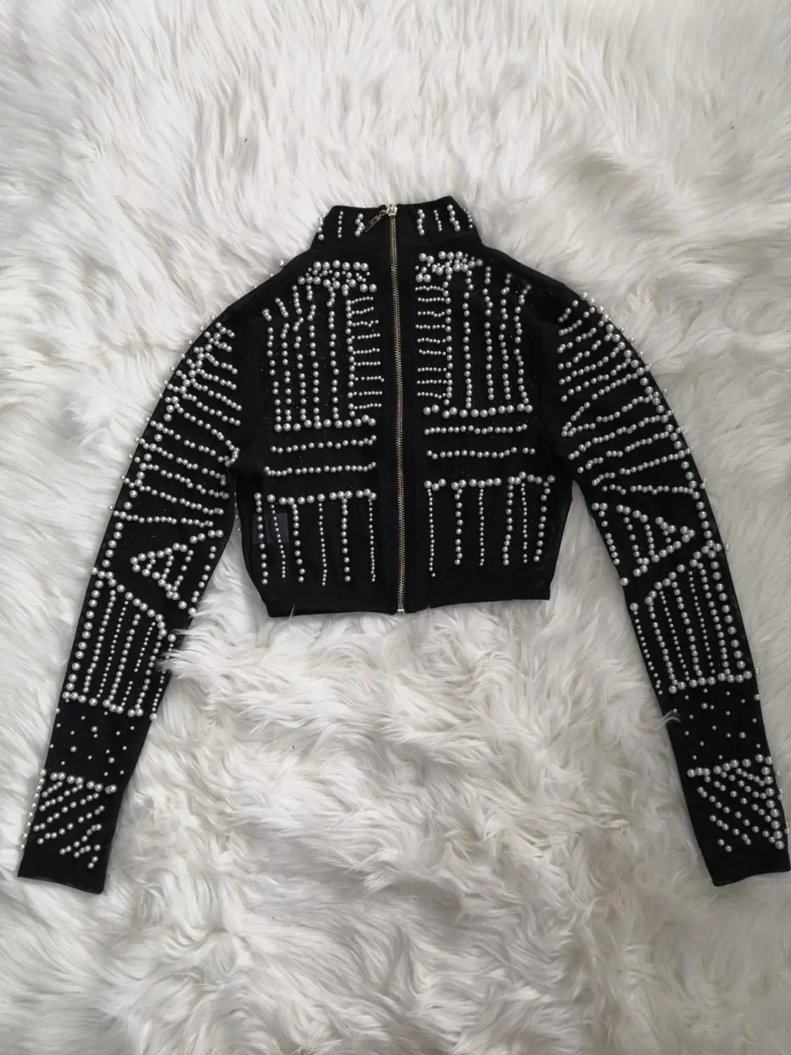 Conjunto de duas peças com pérolas pretas e miçangas, conjunto de bandagem de rayon, roupa de festa de clube