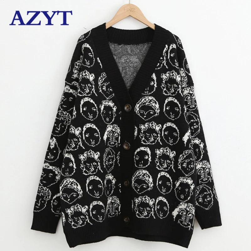 Autumn Winter New Comic V neck Cardigan Female Jacket Knitwear Sweater Coat Casual Knit Pull Femme Sweater For Women black One Size