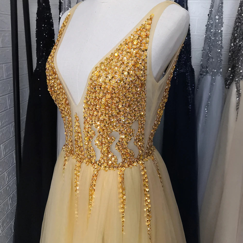 Sexy V-Neck Long Prom Dresses Beaded Beading Crystal High Splits Backless A-Line Formal Gown Party Dress