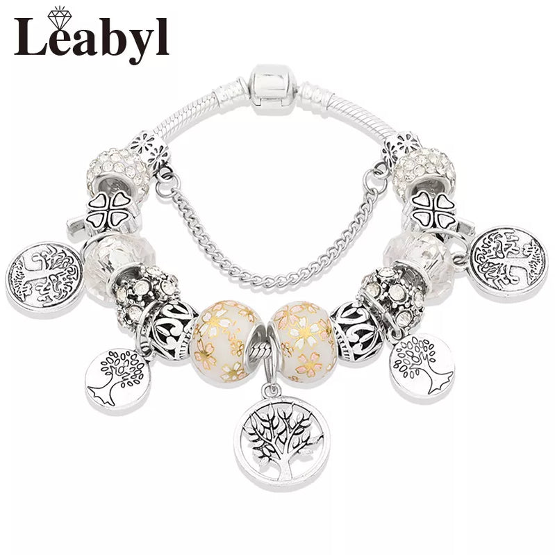 Silver Color Tree of Life Fashion Bead Bracelets Green Leaf Floral Crystal Charm Bracelet & Bangle Pulsera Jewelry L80829 White