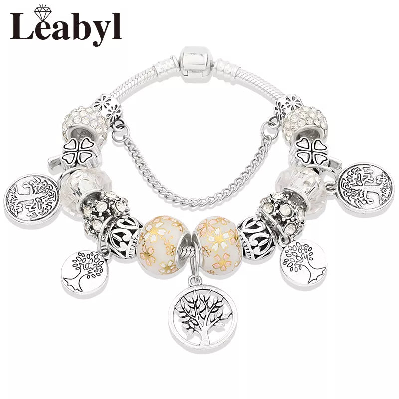 Silver Color Tree of Life Fashion Bead Bracelets Green Leaf Floral Crystal Charm Bracelet & Bangle Pulsera Jewelry L80829 White