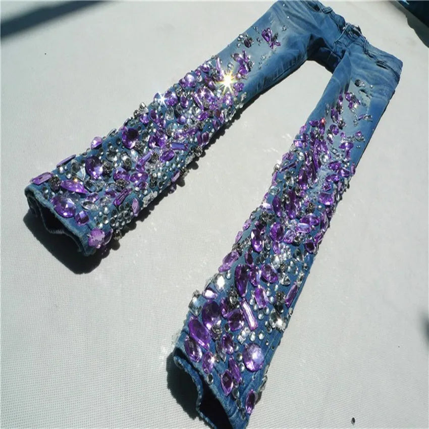 Women purple Rhinestones Sequins Jeans with Crystal Diamond Skinny Pencil jeans 25-30