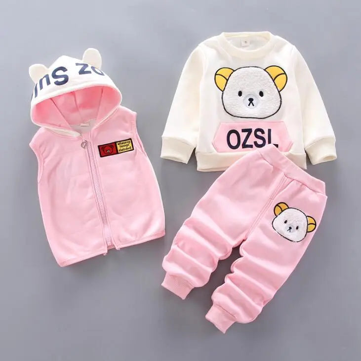 Baby Boys And Girls Clothing Set Tricken Fleece Children Hooded Outerwear Tops Pants 3PCS Outfits Kids Toddler Warm Costume Suit Pink 3