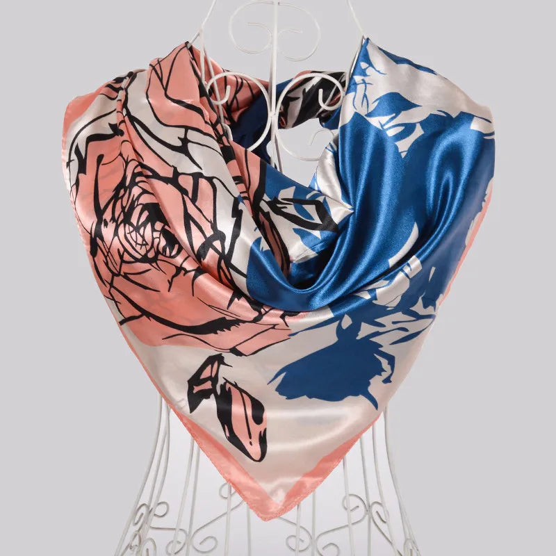 Ladies Green Coffee Square Scarves Printed Women Elegant Satin Large Silk Scarf Shawl 90*90cm Winter Neck Head Scarf blue pink roses