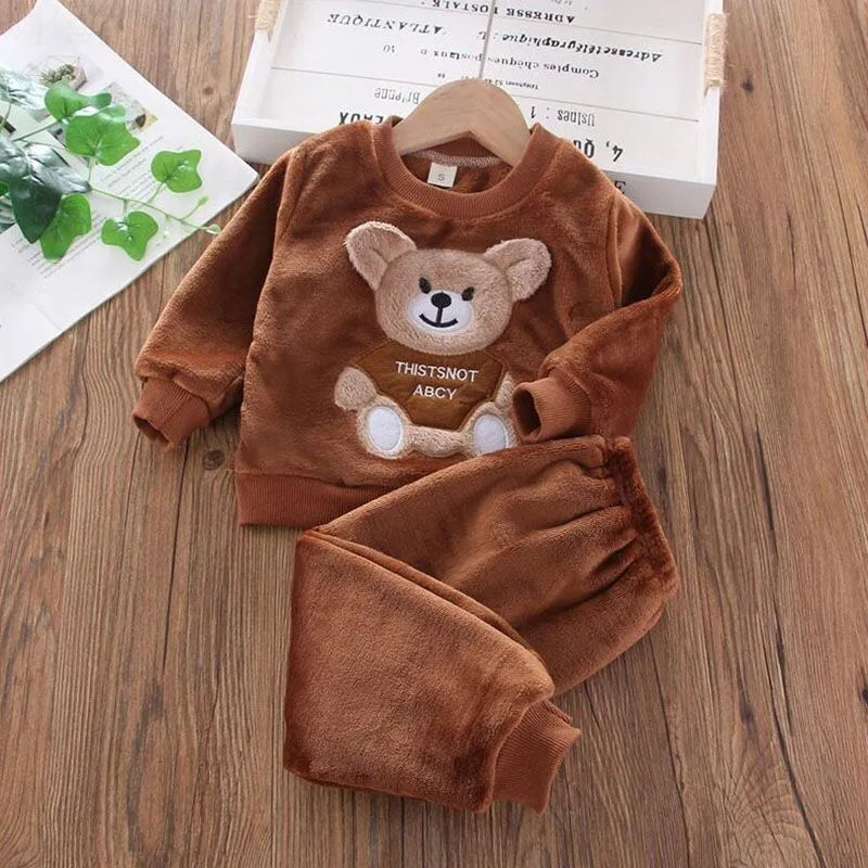 Baby Boys And Girls Clothing Set Tricken Fleece Children Hooded Outerwear Tops Pants 3PCS Outfits Kids Toddler Warm Costume Suit Brown