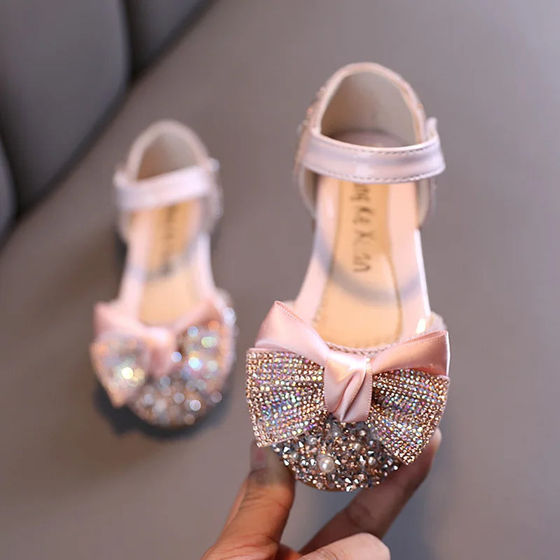 Children Leather Shoes Rhinestone Bow Princess Girls Party Dance Shoes Baby Student Flats Kids Performance Shoes 2299pink