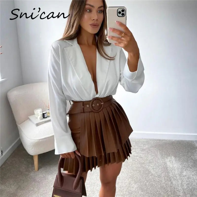 Bown Pu Leather Skirt With Belt Fashion Autumn Sprint Cascading Pleated High Waist Jupe Cuir Femme Women Falda Plisada