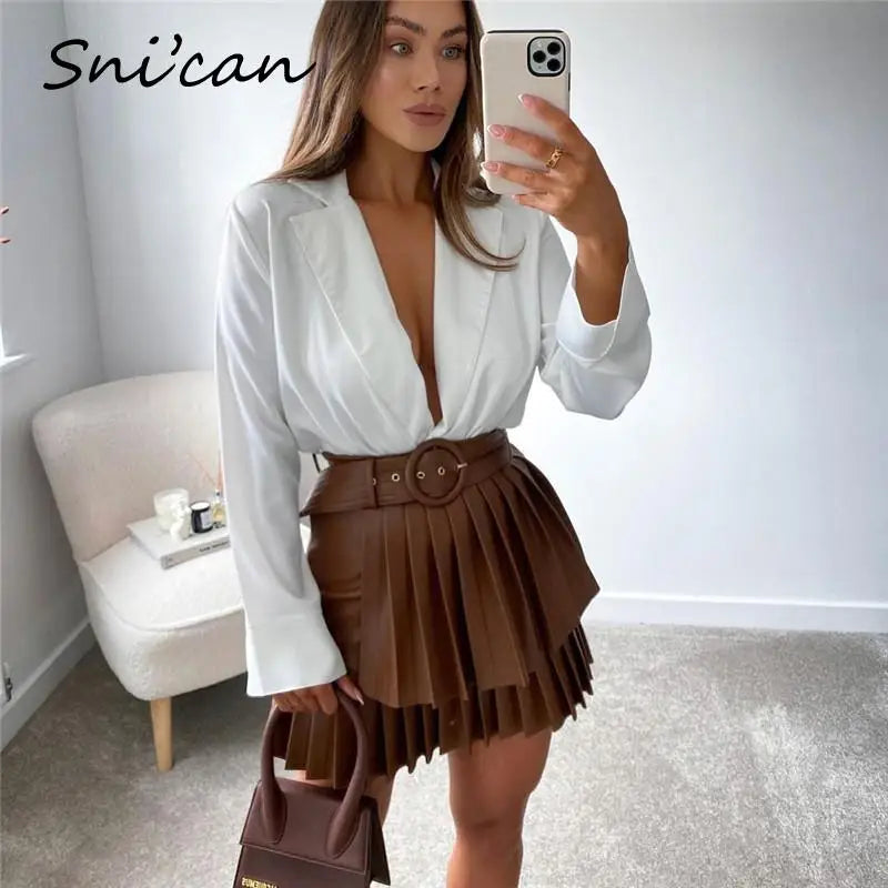 Bown Pu Leather Skirt With Belt Fashion Autumn Sprint Cascading Pleated High Waist Jupe Cuir Femme Women Falda Plisada