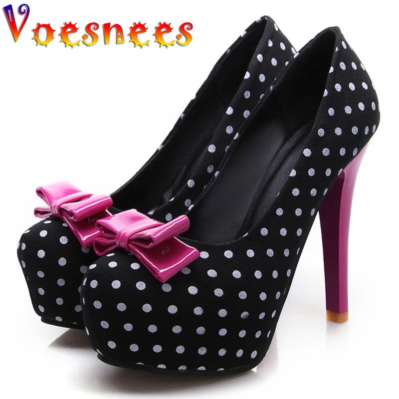 2021 Spring Autumn Women's Pumps Sweet Bow Polka Dot High-Heeled Single Shoes Round Toe Thin Heels Plus Size Women Shoes