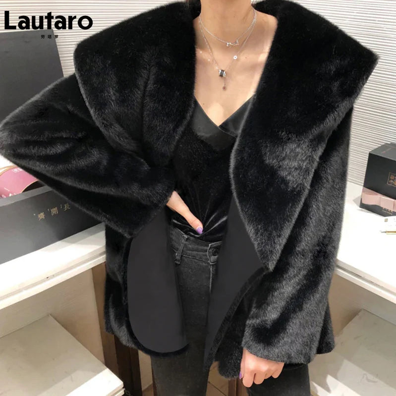 Winter Black Warm Oversized Faux Fur Cardigan Women Drop Shoulder Long Sleeve Sashes Loose Stylish Korean Fashion 2021
