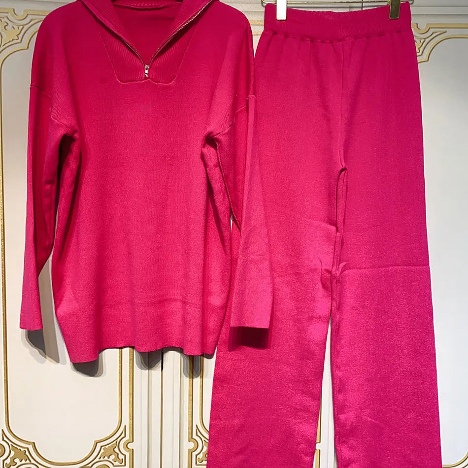 2024 Casual Autumn Loose Knit Sweater Set Fashion Zip Lapel Long Sleeve Pullover Sweater & Straight Pants Two-piece Set