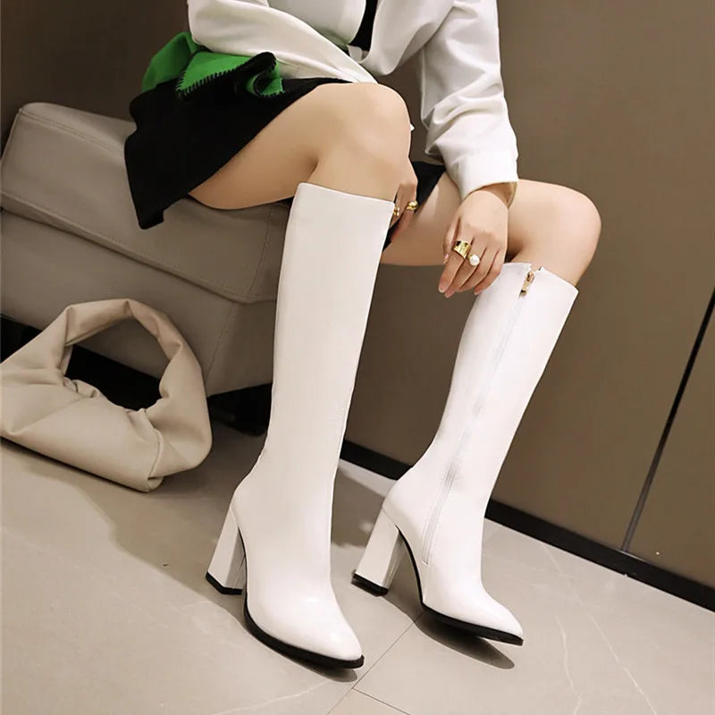Elegant Knee High Boots Women Autumn Winter Women's High Boots Zipper Heels White Green Long Shoes Ladies Large Size 48