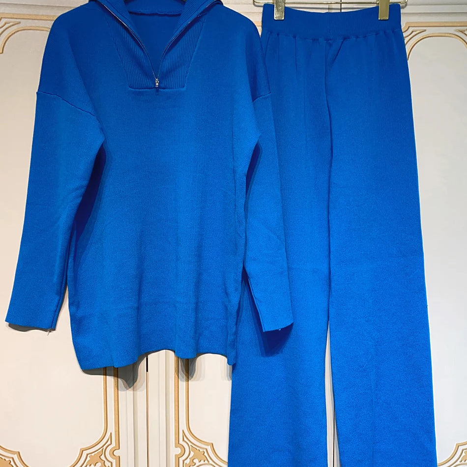 2024 Casual Autumn Loose Knit Sweater Set Fashion Zip Lapel Long Sleeve Pullover Sweater & Straight Pants Two-piece Set