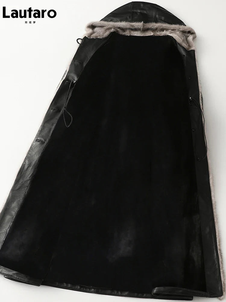 Winter Long Warm Thick Black Leather Coat Women with Fur Inside Elegant Luxury Faux Fur Lined Jacket Parka Fashion 2021