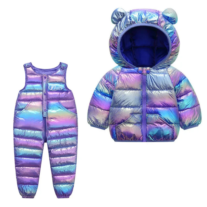 Conjunto de roupas infantis para inverno, jaqueta quente com capuz para meninos e meninas, conjunto de roupas de neve para meninos e meninas 