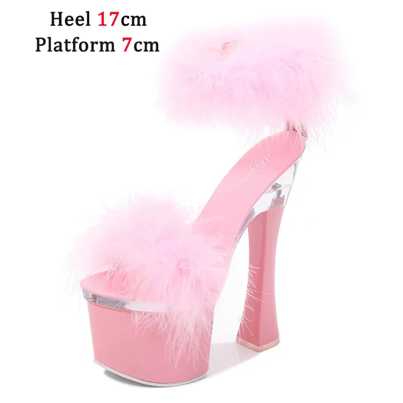 4 Color Feather Thick High Heels Platform Sandals Women 14cm 17cm Heels Shoes Female Summer Hair Wedding Pumps Shoes Pink 17cm