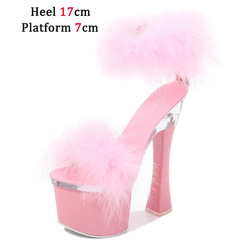 4 Color Feather Thick High Heels Platform Sandals Women 14cm 17cm Heels Shoes Female Summer Hair Wedding Pumps Shoes Pink 17cm