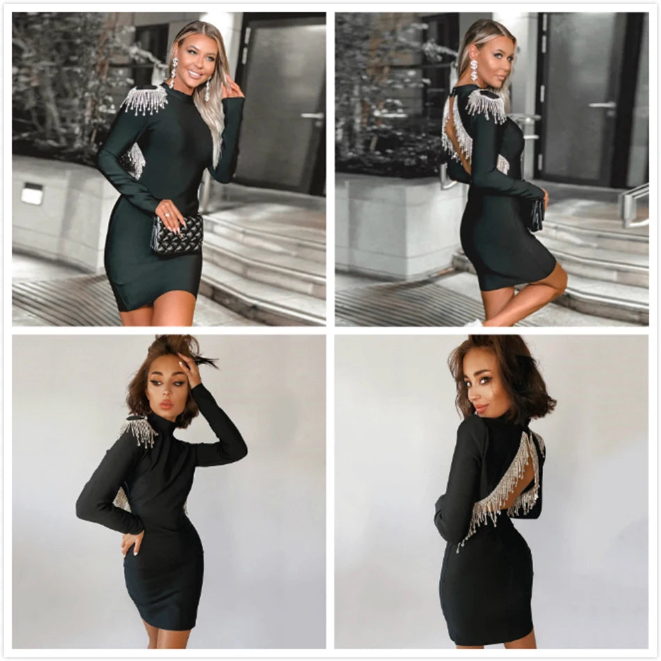 High Quality Black Women Bandage Dress High Neck Long Sleeve Sexy Halter Beaded Tassel Dress Bodycon Dress Club Party Dresses