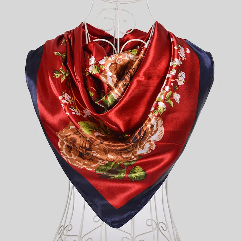 Ladies Green Coffee Square Scarves Printed Women Elegant Satin Large Silk Scarf Shawl 90*90cm Winter Neck Head Scarf wine red peony