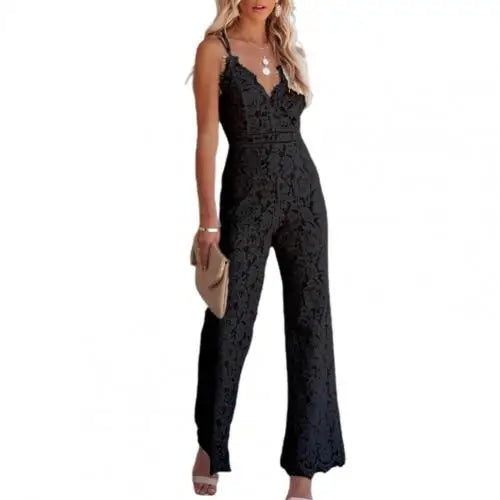 Solid Lace Jumpsuits Women Sleeveless Romper High Waist V-Neck Wide Leg Playsuits and Jumpsuit Women bodysuit Combinaison femme Black
