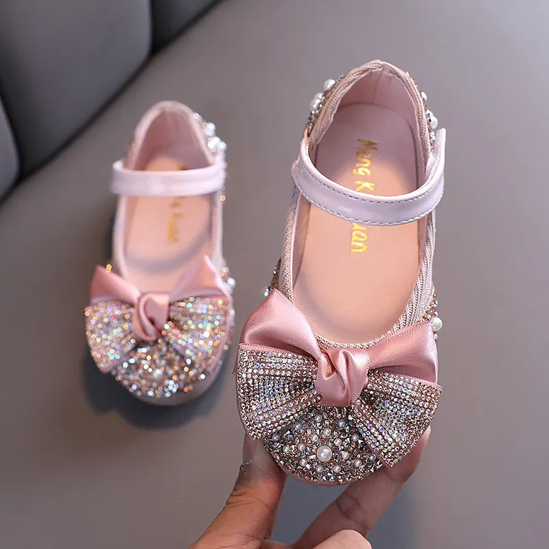Children Leather Shoes Rhinestone Bow Princess Girls Party Dance Shoes Baby Student Flats Kids Performance Shoes 2088pink