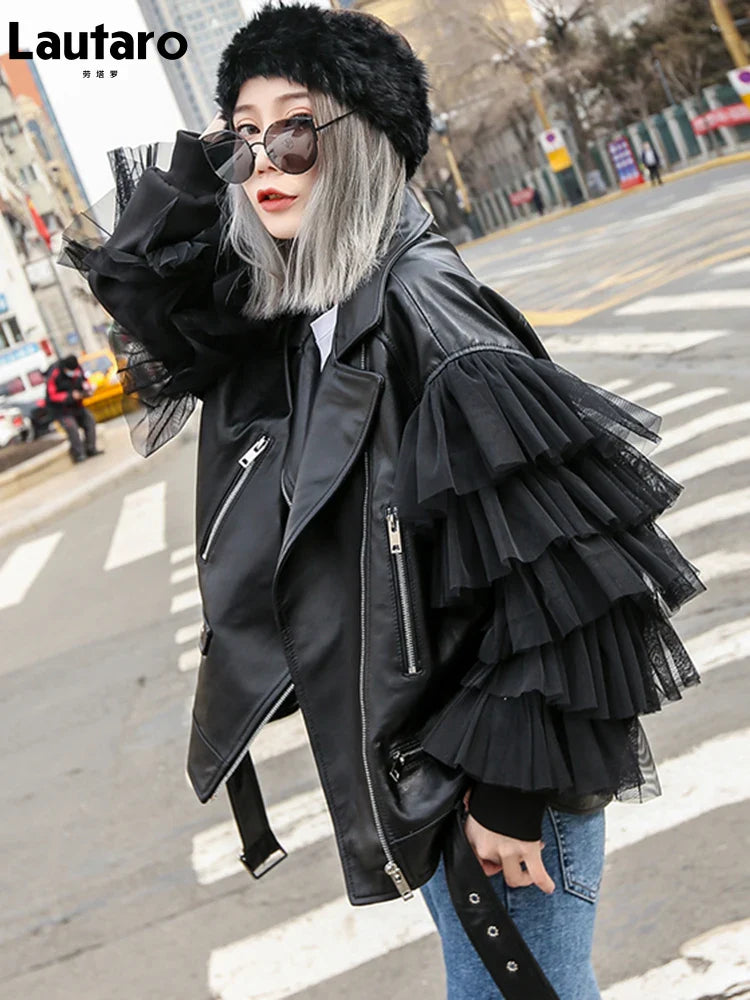 Autumn Short Black Oversized Lace Patchwork Leather Biker Jacket Long Sleeve Loose Womans Clothing Fashionable Outerwear