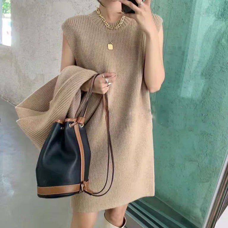 FIGOHR Thick Plain Knitted Dress Sets Women's Elegant Sweaters Lantern Sleeve Shawl and Dress 2 Pieces Outfits Autumn Winter