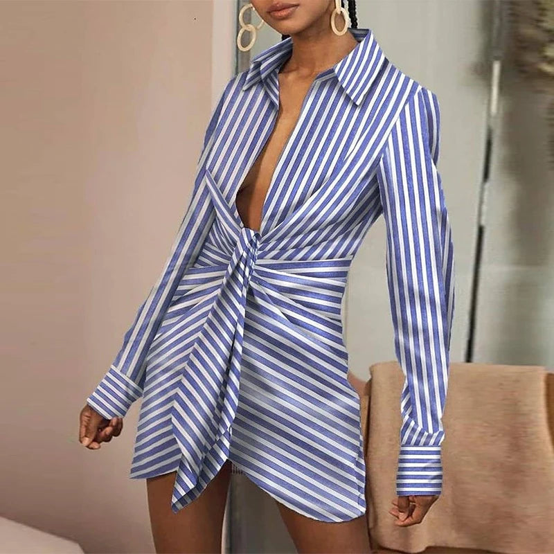 Women Elegant Turn-Down Collar Folds Party Dress Casual Striped Ladies Mini Shirt Dresses Autumn Long Sleeve Slim Fit Vestidos