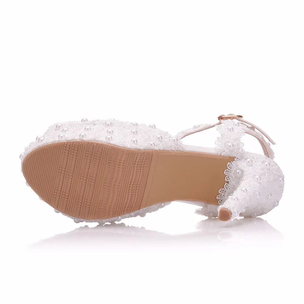 Crystal Queen White Lace Flower Wedding Shoes Slip On Bridal Sandals High Heel Women Pumps Shallow Round Toe