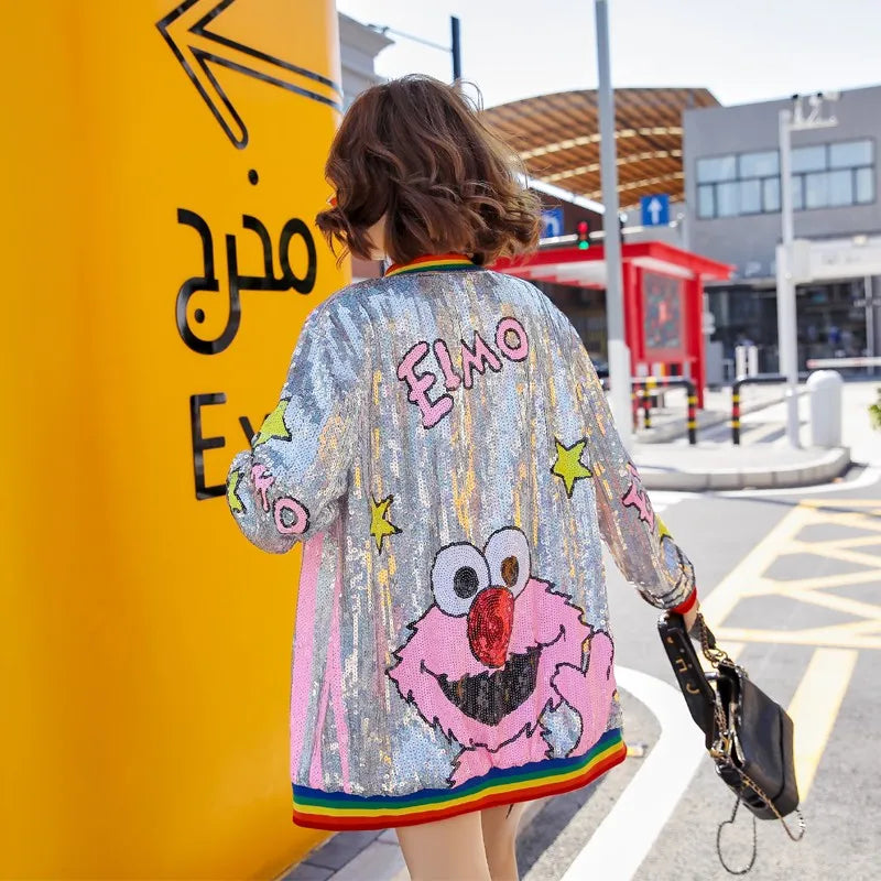 Sequined Cartoon Print New Female Spring And Autumn Korean Loose Fashion Outerwear Coats Long Sleeved Hip Hop Jackets 634 A One Size