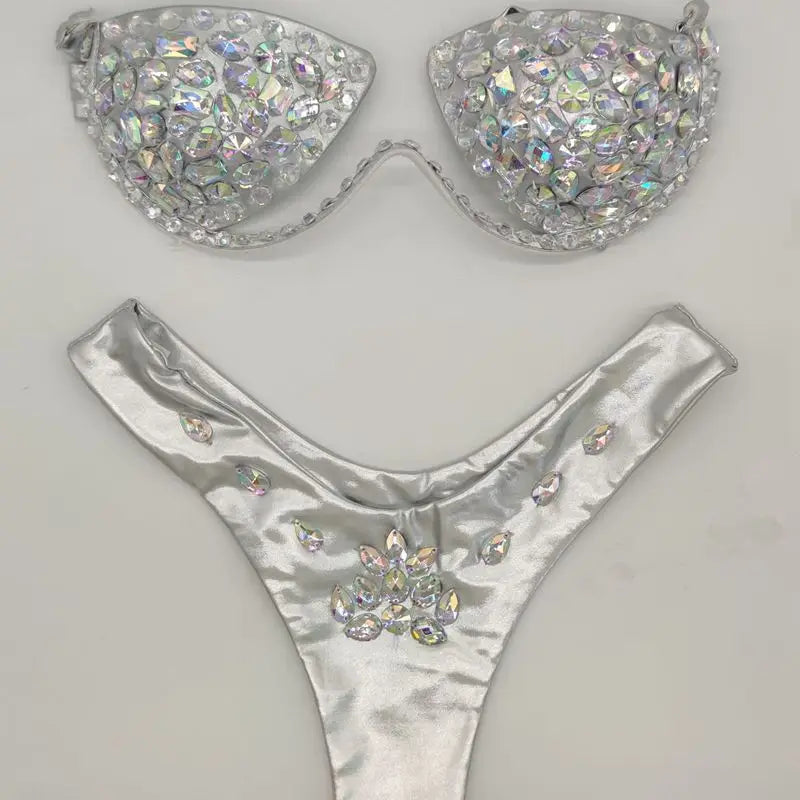 Diamond bikini crystal bikini swimwear plus sizes bikini rhinestone bikini swimsuit sexy beachwear biquini SILVER
