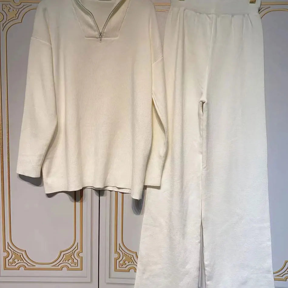 2024 Casual Autumn Loose Knit Sweater Set Fashion Zip Lapel Long Sleeve Pullover Sweater & Straight Pants Two-piece Set