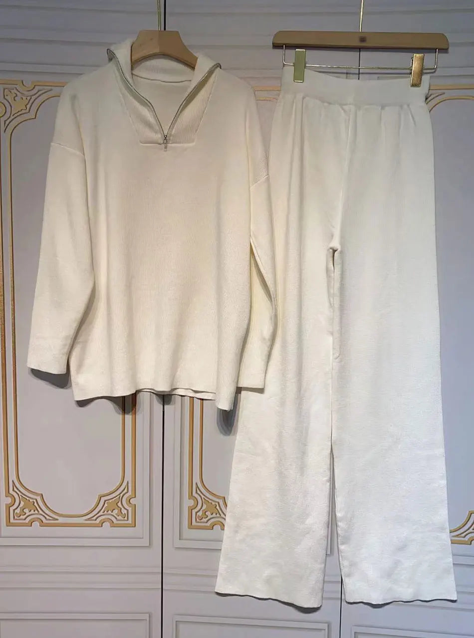 2024 Casual Autumn Loose Knit Sweater Set Fashion Zip Lapel Long Sleeve Pullover Sweater & Straight Pants Two-piece Set