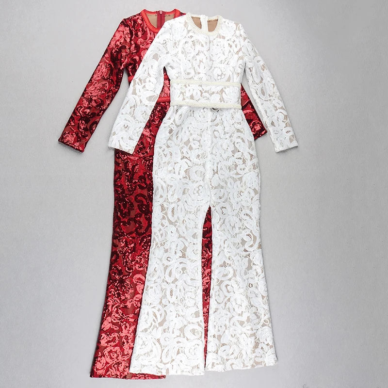 2021 Spring New Jumpsuits Hot Sale Sexy Lace Hollow Out Rompers Red Flame Pants Women's Fashion Club Street Wear