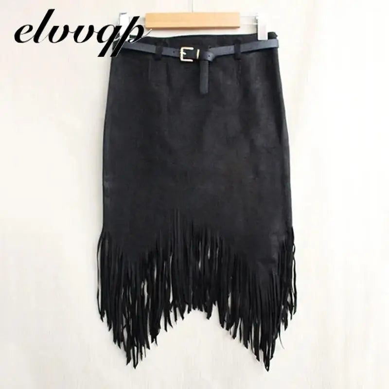 Multi Color Suede Sexy Midi Pencil Skirt Women Fashion High Waist Office Lady Bodycon Tassel Skirts With Belt black