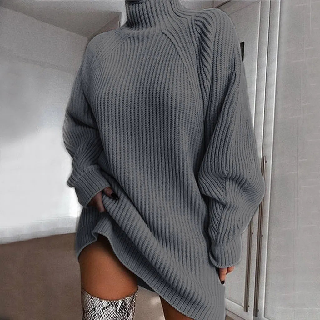 Women Turtleneck Oversized Knitted Dress Casual Long Sleeve Autumn Winter High Waist Loose Sweater Dress Pullover Jumper