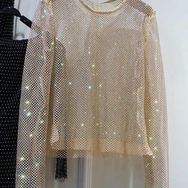 New Ladies Temperament Rhinestone Round Neck Long Sleeve Bright Summer Starlight Hollow Shiny Bottoming Shirt Women's Top Trend champagne One Size