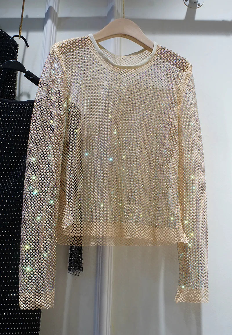 New Ladies Temperament Rhinestone Round Neck Long Sleeve Bright Summer Starlight Hollow Shiny Bottoming Shirt Women's Top Trend champagne One Size